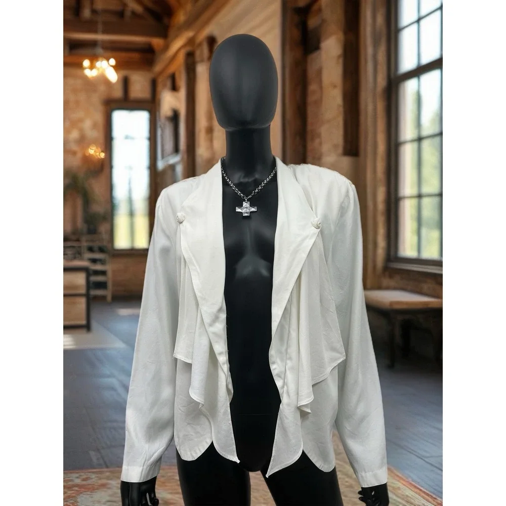 Wild Rose White Lace Back‎ Draped Open Front Jacket Blazer Size 14 USA